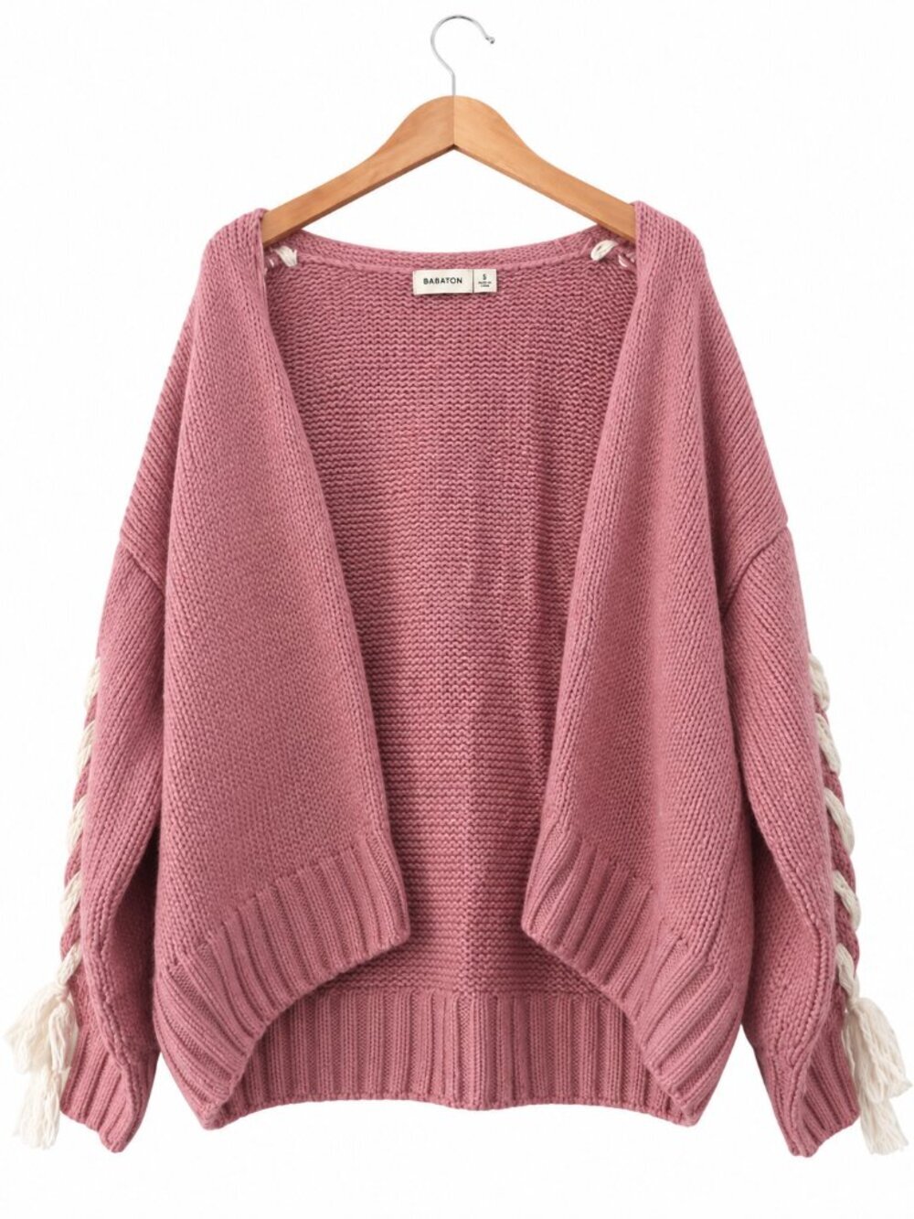 Hollister Pink Lace Up Sleeve Open Front Chunky Knit Cardigan Sweater Boho Large